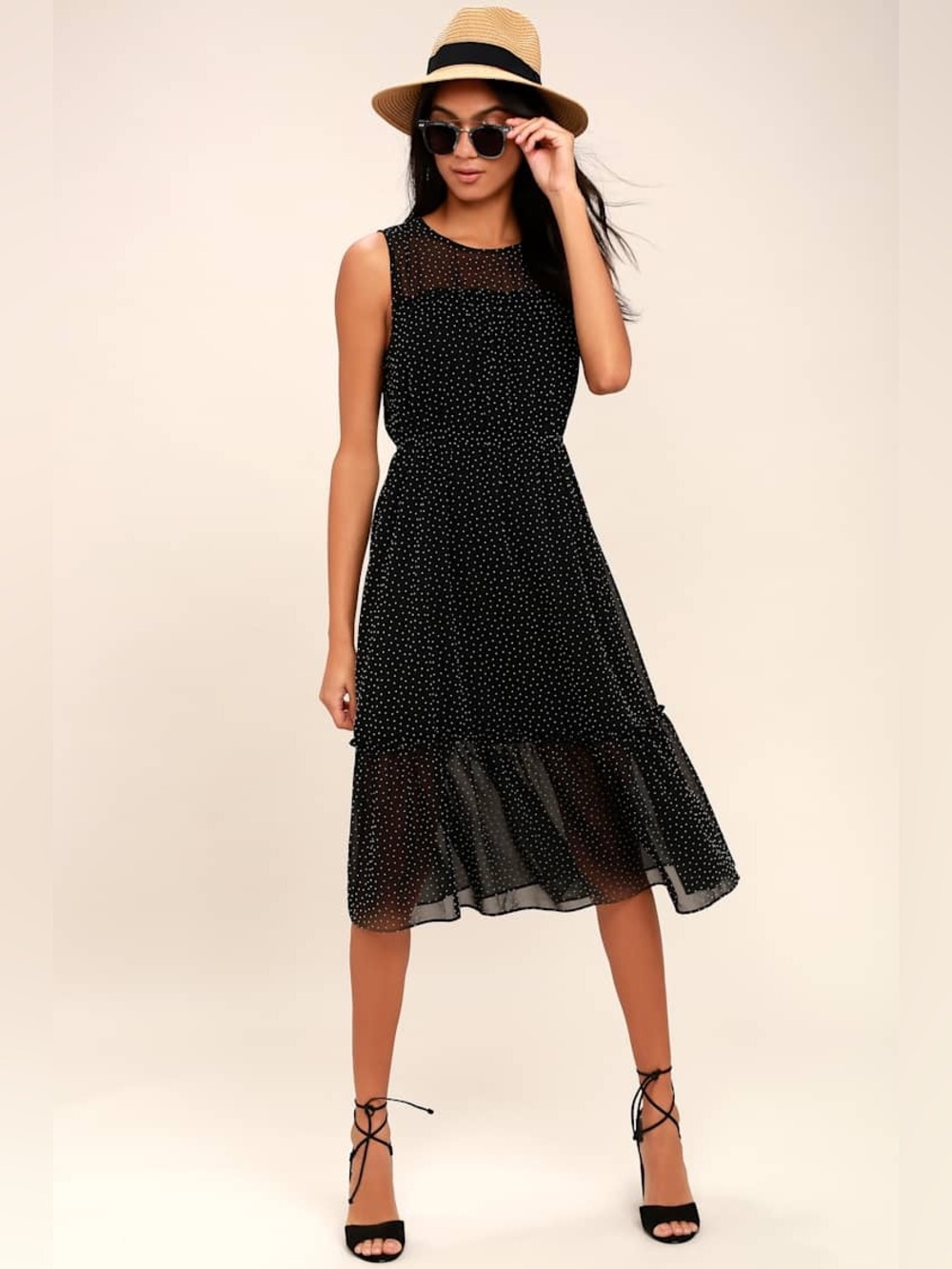 LULUS Afternoon Stroll Black Polka Dot Midi Dress Size S NWOT Ruffle Chiffon Dot